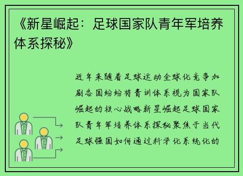 《新星崛起:足球国家队青年军培养体系探秘》